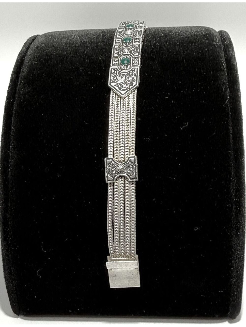 Sterling Silver Byzantine-Style Multi-Strand Bracelet with Green Cabochons - Picture 4 of 5
